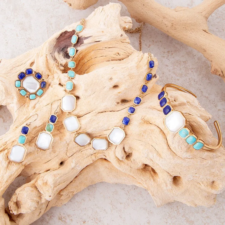 Dual Color Blue Lapis Turquoise and Mother of Pearl Golden Earrings sold by Barse product image thumbnail 4