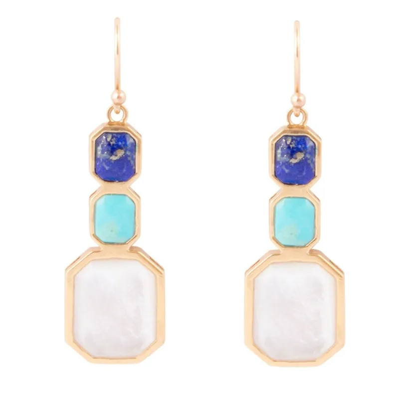 Dual Color Blue Lapis Turquoise and Mother of Pearl Golden Earrings sold by Barse