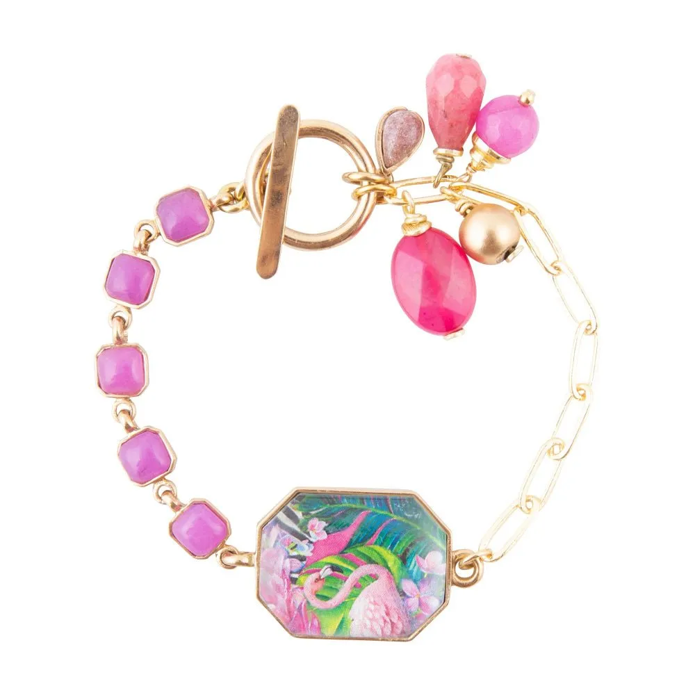 Flamingo Pink Agate Golden Link Bracelet sold by Barse