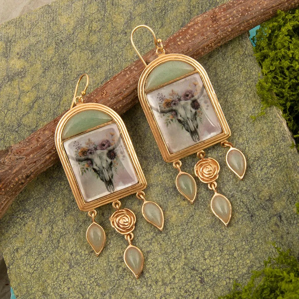 Steer Skull Green Aventurine Golden Drop Earrings sold by Barse product image thumbnail 4
