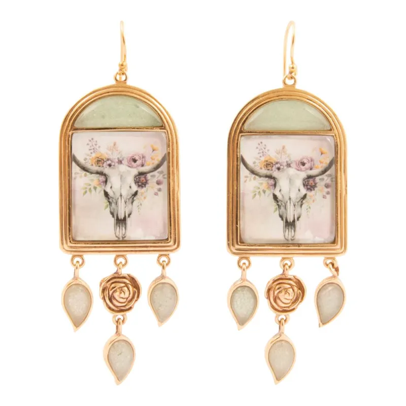 Steer Skull Green Aventurine Golden Drop Earrings sold by Barse