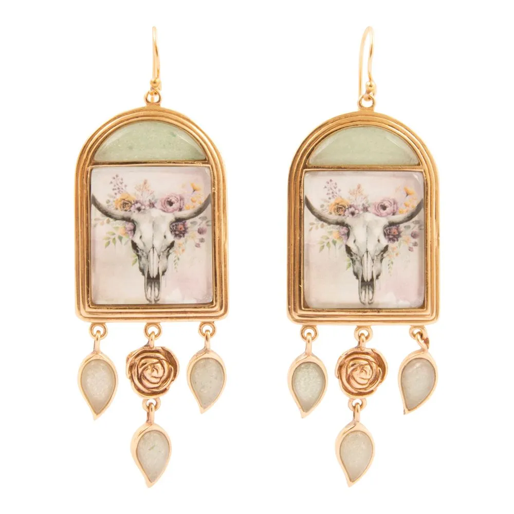 Steer Skull Green Aventurine Golden Drop Earrings sold by Barse