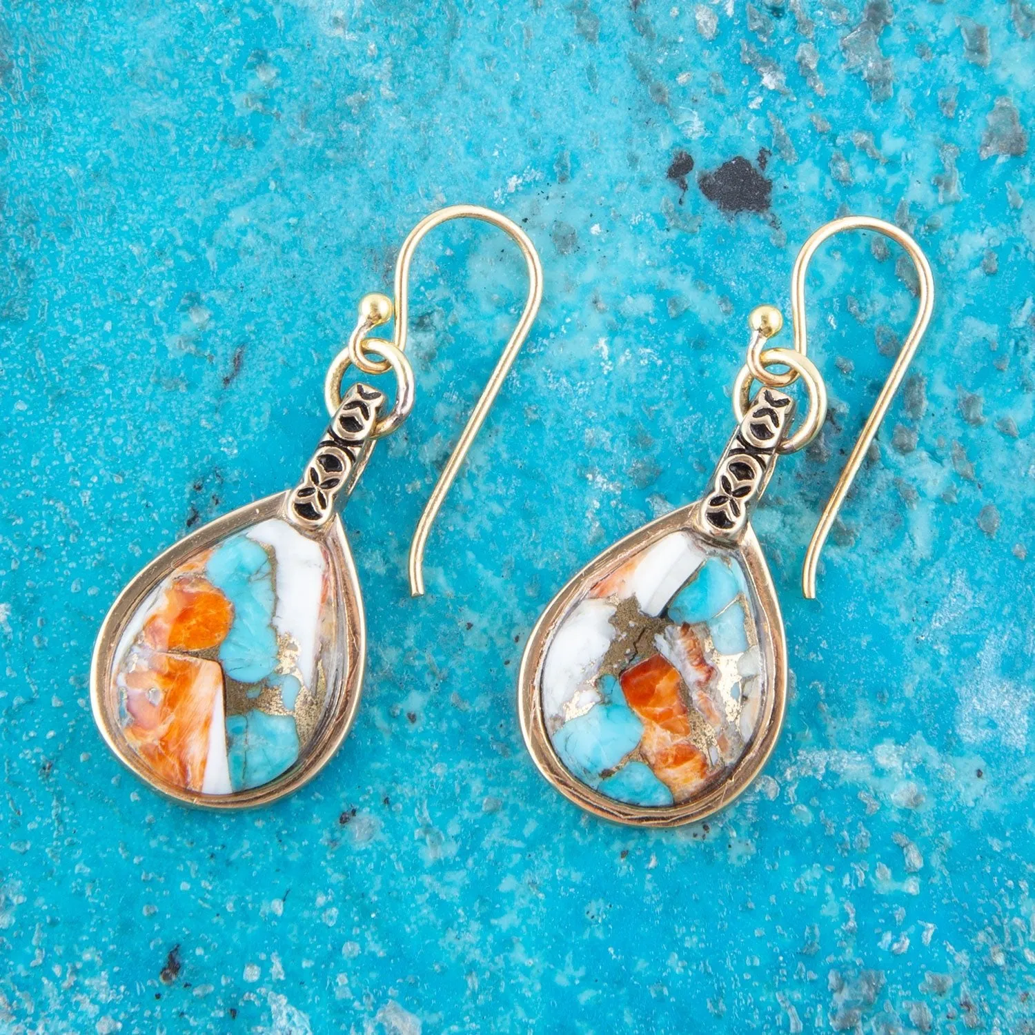 Blue and Orange Turquoise and Spiny Oyster Shell Stone Mix Golden Earrings sold by Barse product image thumbnail 2