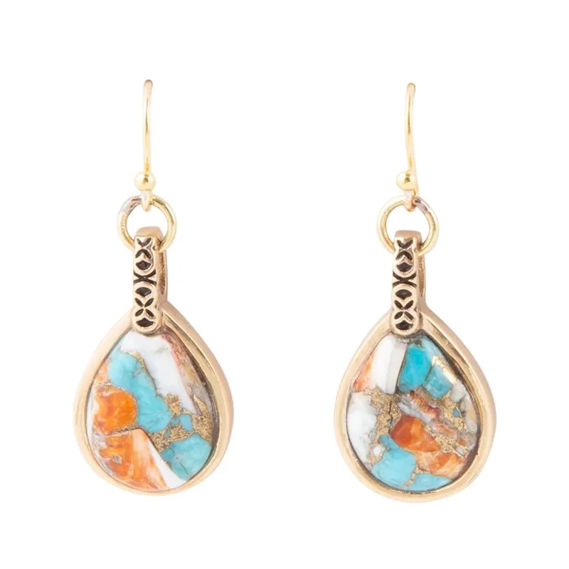 Blue and Orange Turquoise and Spiny Oyster Shell Stone Mix Golden Earrings sold by Barse