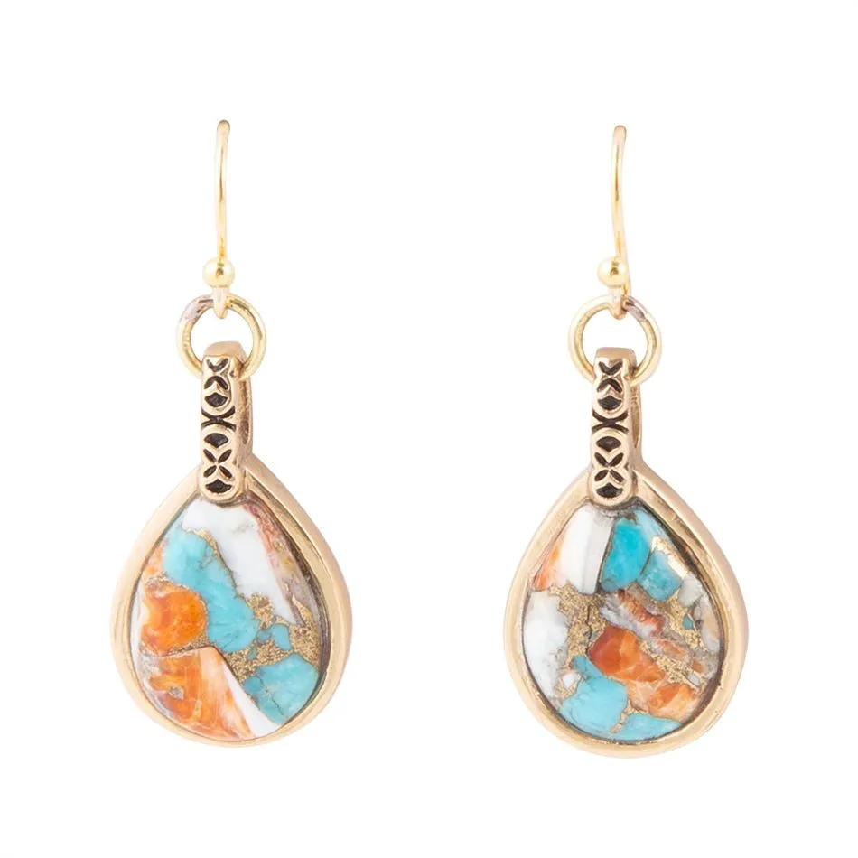Blue and Orange Turquoise and Spiny Oyster Shell Stone Mix Golden Earrings sold by Barse