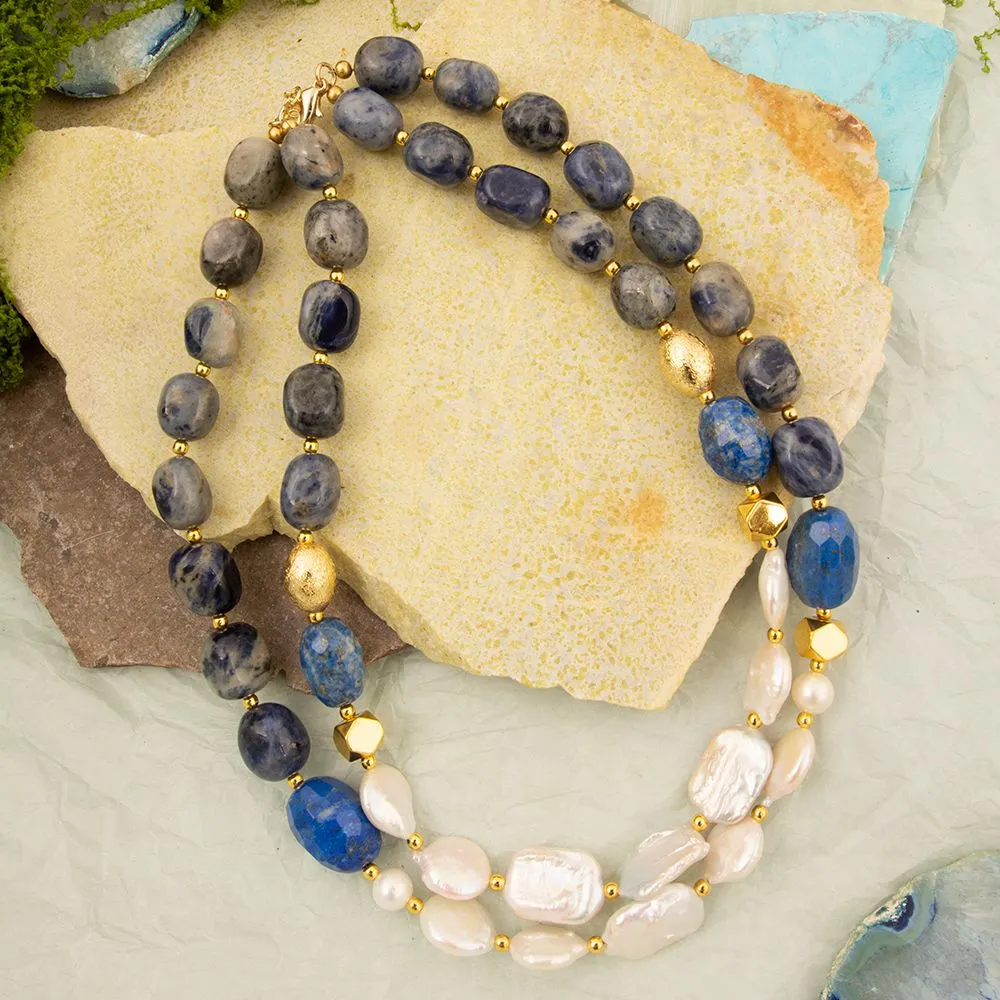 Denim Blue Lapis and Pearl Golden String Necklace sold by Barse product image thumbnail 4
