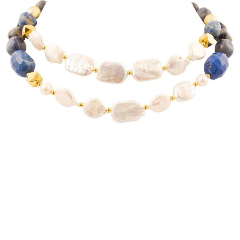 Denim Blue Lapis and Pearl Golden String Necklace sold by Barse