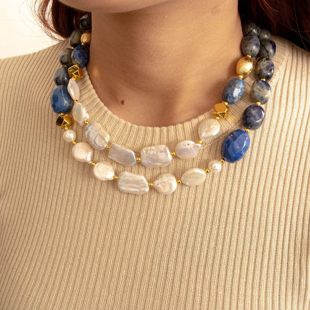 Denim Blue Lapis and Pearl Golden String Necklace sold by Barse product image thumbnail 2