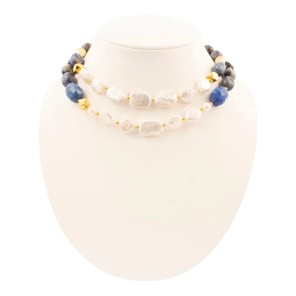 Denim Blue Lapis and Pearl Golden String Necklace sold by Barse product image thumbnail 3