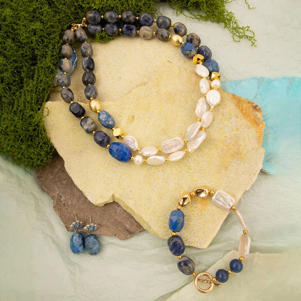 Denim Blues Lapis and White Pearl Golden Bracelet sold by Barse product image thumbnail 5