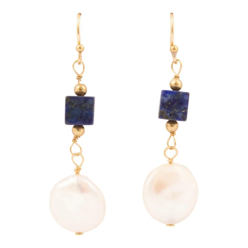 Denim Blue Lapis and Pearl Golden Drop Earrings sold by Barse