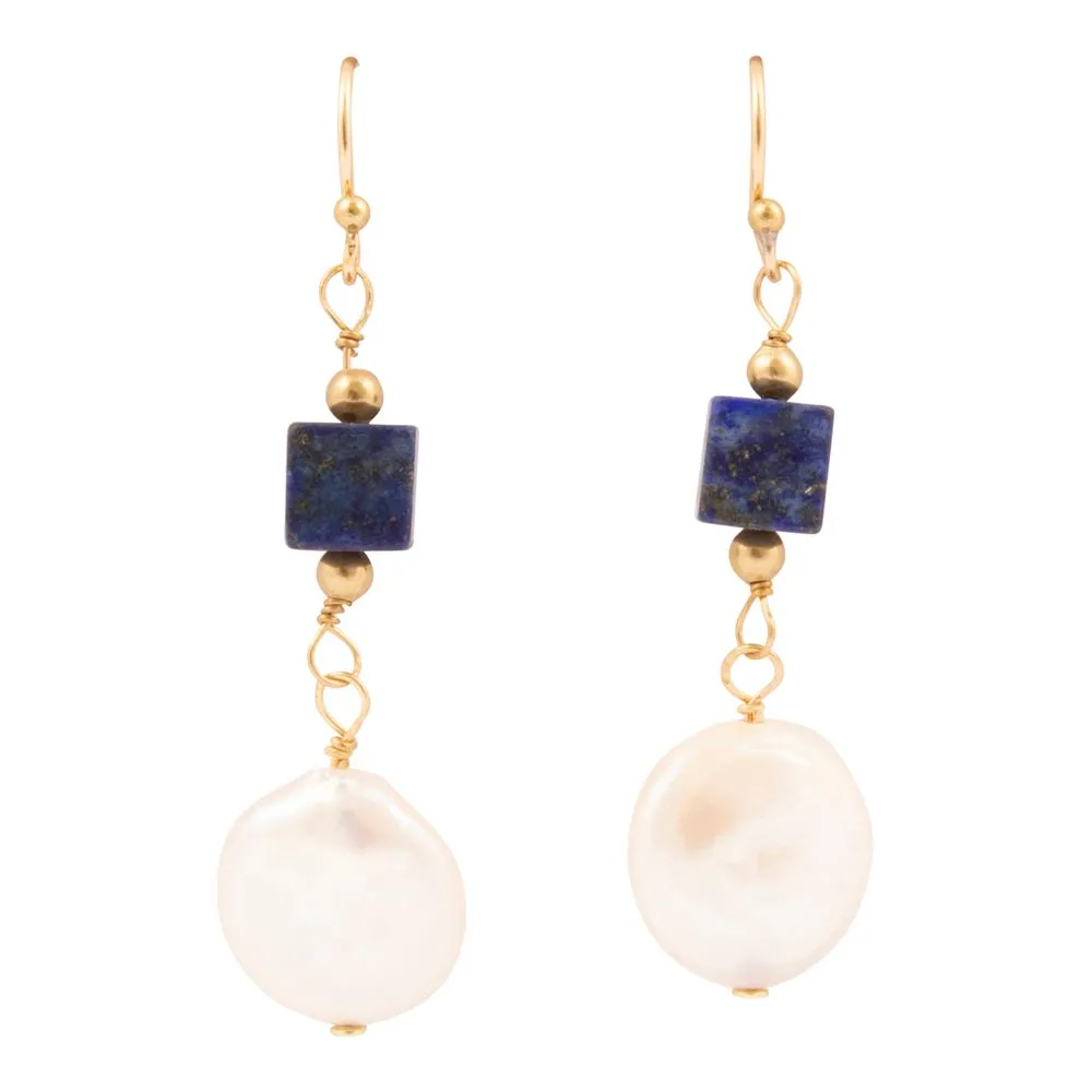 Denim Blue Lapis and Pearl Golden Drop Earrings sold by Barse