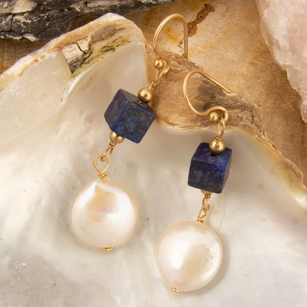 Denim Blue Lapis and Pearl Golden Drop Earrings sold by Barse product image thumbnail 3