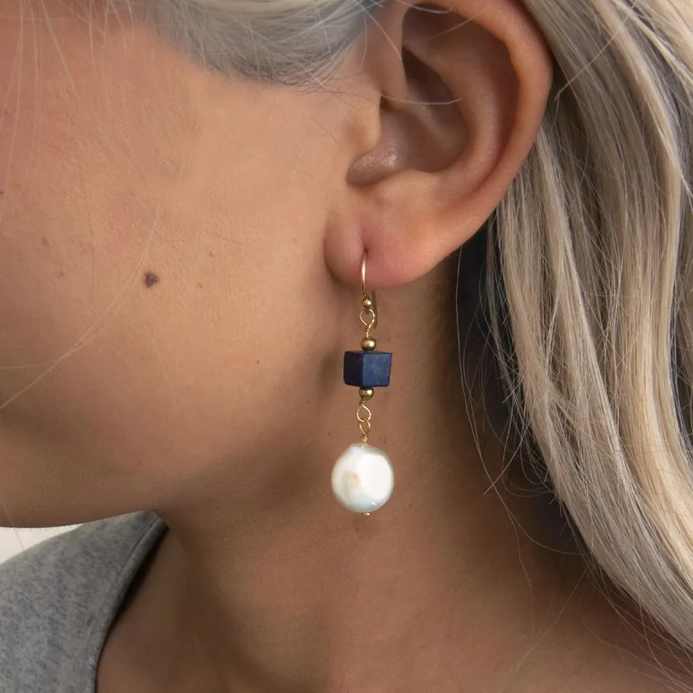 Denim Blue Lapis and Pearl Golden Drop Earrings sold by Barse product image thumbnail 2