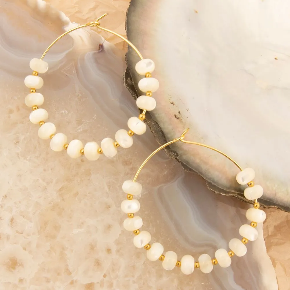 White Mother of Pearl Golden Hoop Earrings sold by Barse product image thumbnail 3