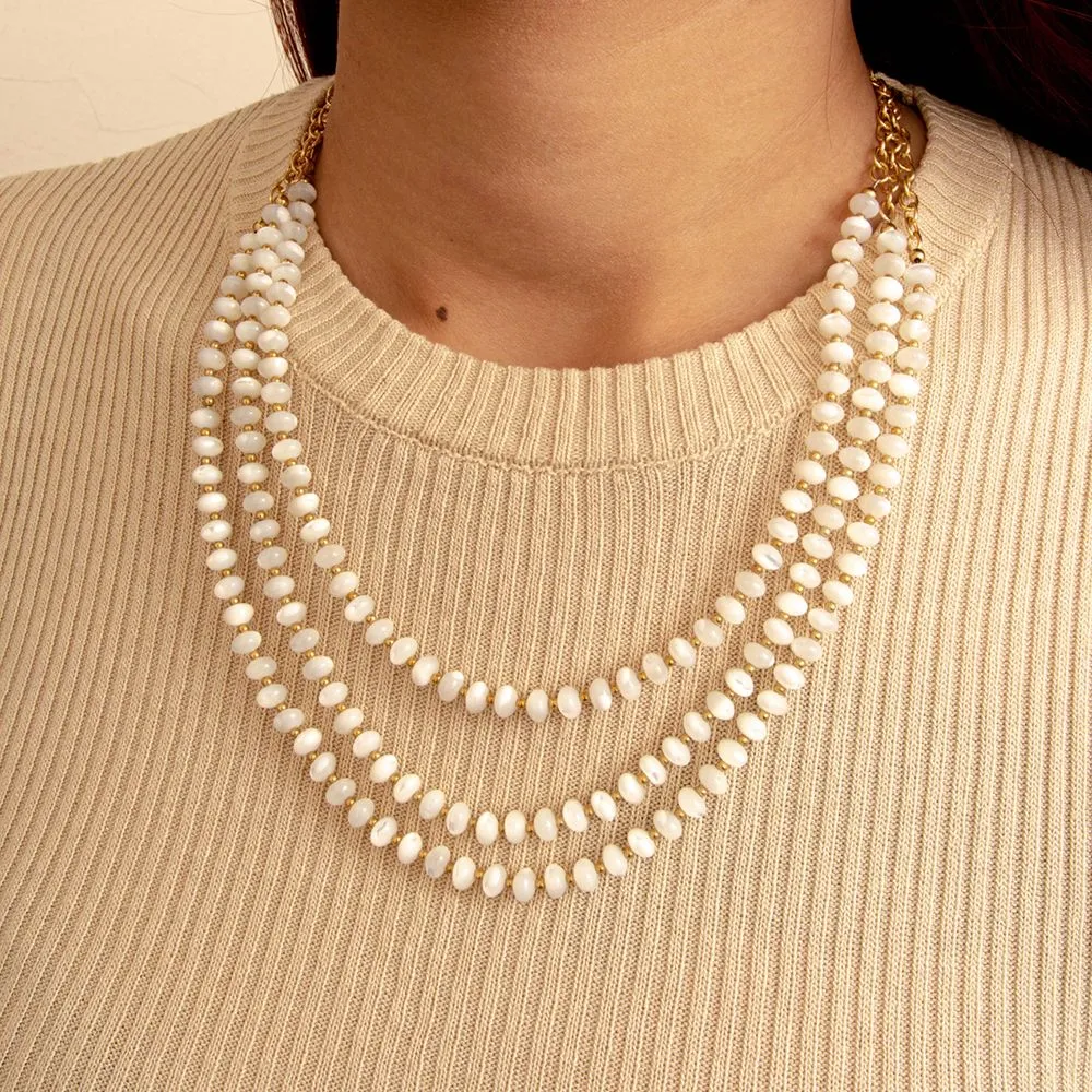 White Mother of Pearl Triple Strand Golden Necklace sold by Barse product image thumbnail 3
