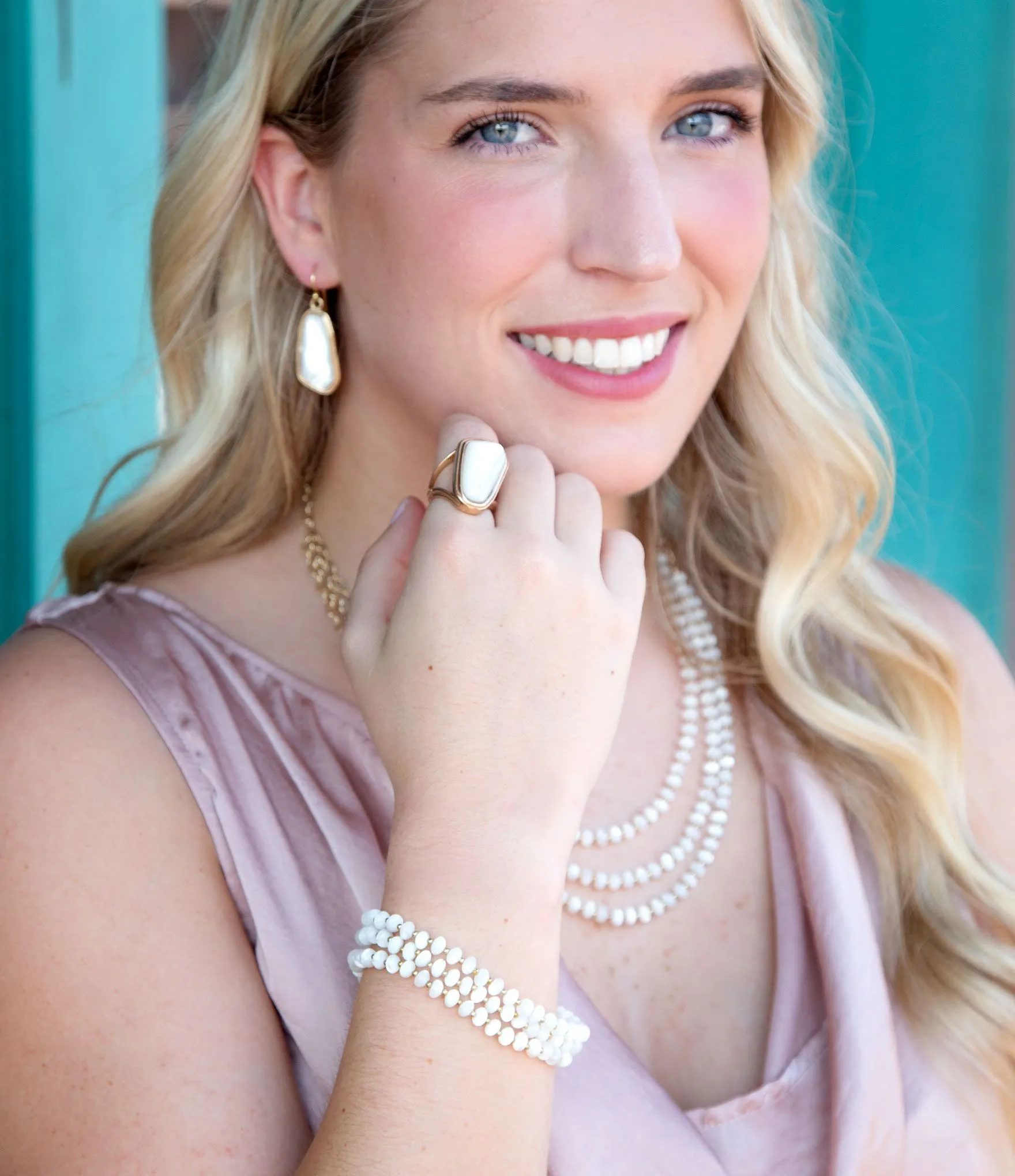 White Mother of Pearl Triple Strand Golden Necklace sold by Barse product image thumbnail 2