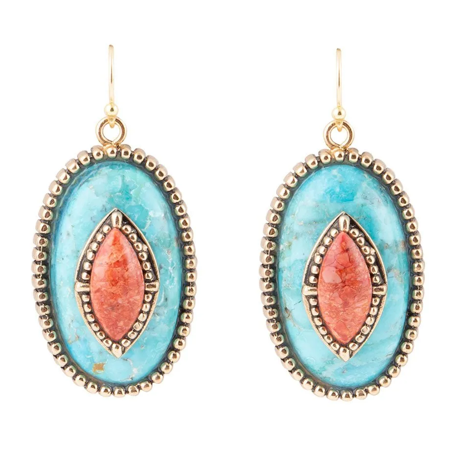 Stacked Stone Blue Turquoise Orange Sponge Coral Golden Drop Earrings sold by Barse