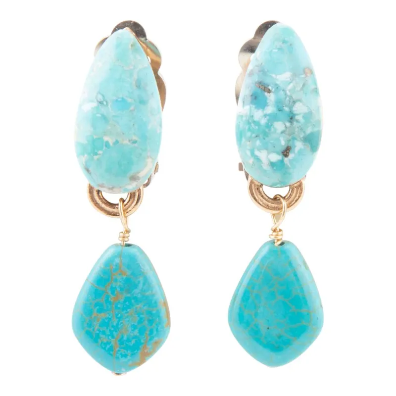 Blue Turquoise Double Golden Drop Clip Earring sold by Barse