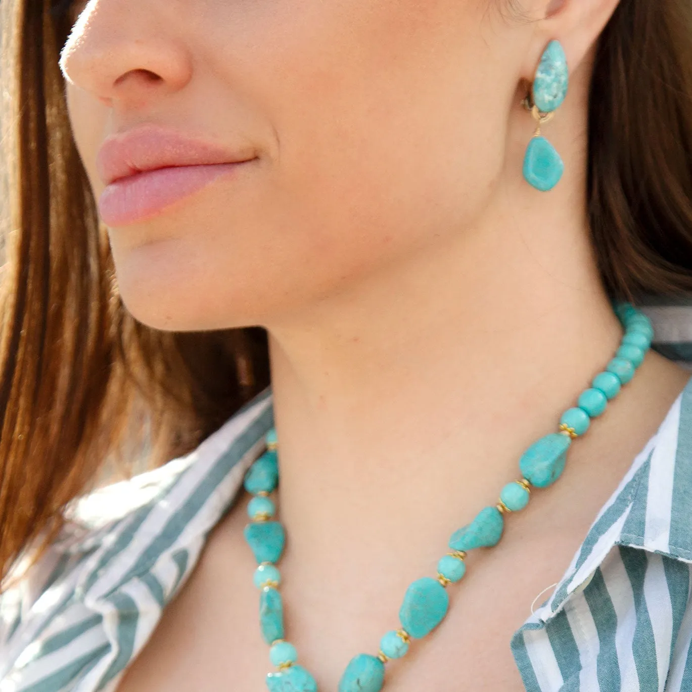 Blue Turquoise Double Golden Drop Clip Earring sold by Barse product image thumbnail 2