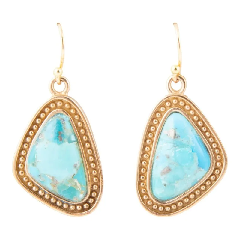 Blue Turquoise Triangle Golden Drop Earrings sold by Barse