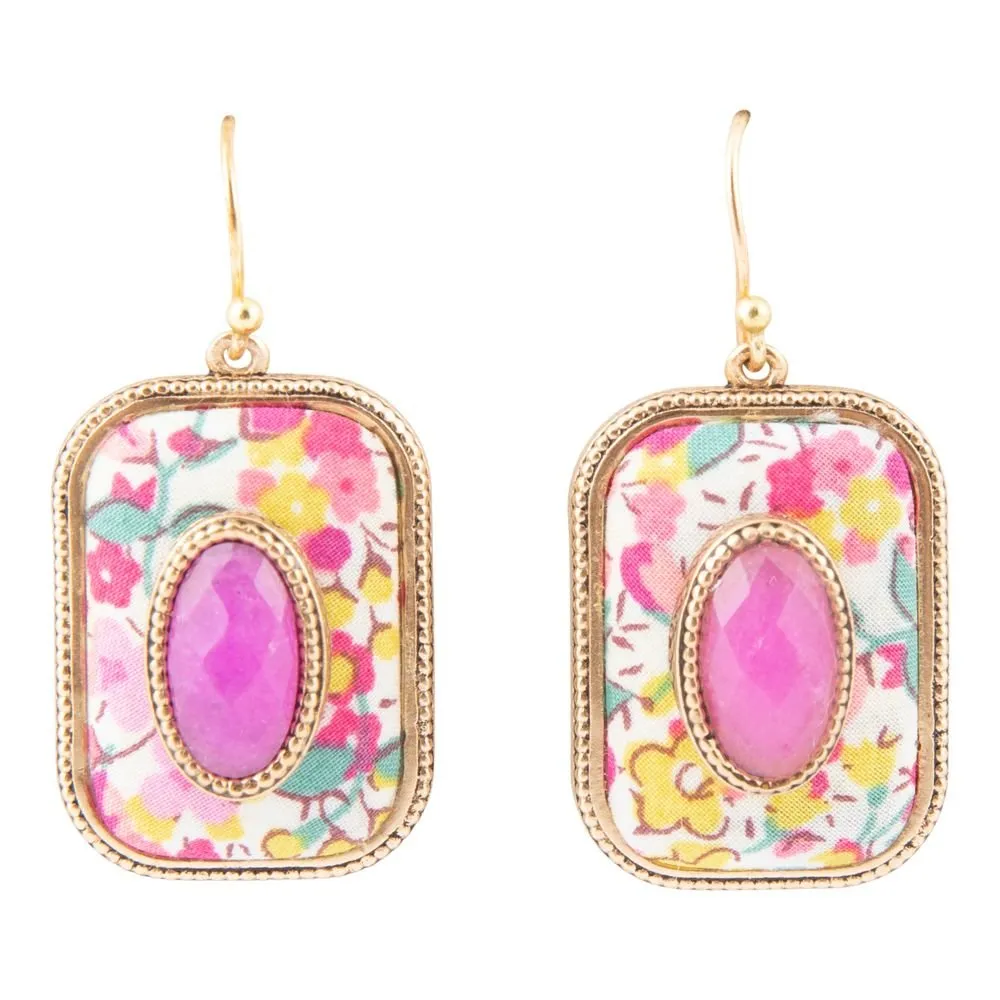 Pink Agate Stacked Stone Floral Golden Earrings sold by Barse