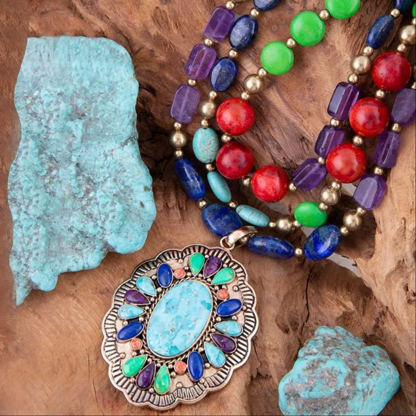Concho Colorful Blue Turquoise Golden Statement Necklace sold by Barse product image thumbnail 4