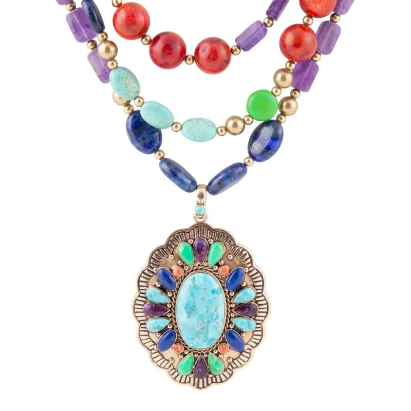 Concho Colorful Blue Turquoise Golden Statement Necklace sold by Barse