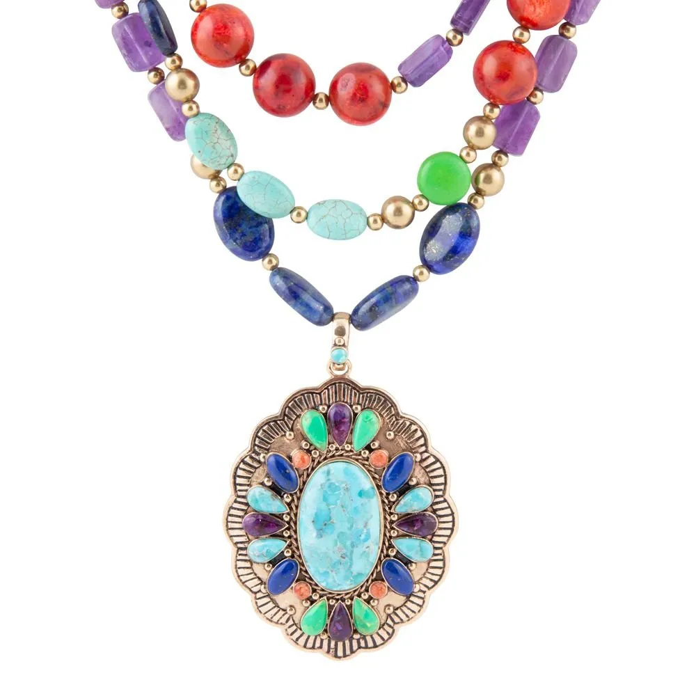 Concho Colorful Blue Turquoise Golden Statement Necklace sold by Barse