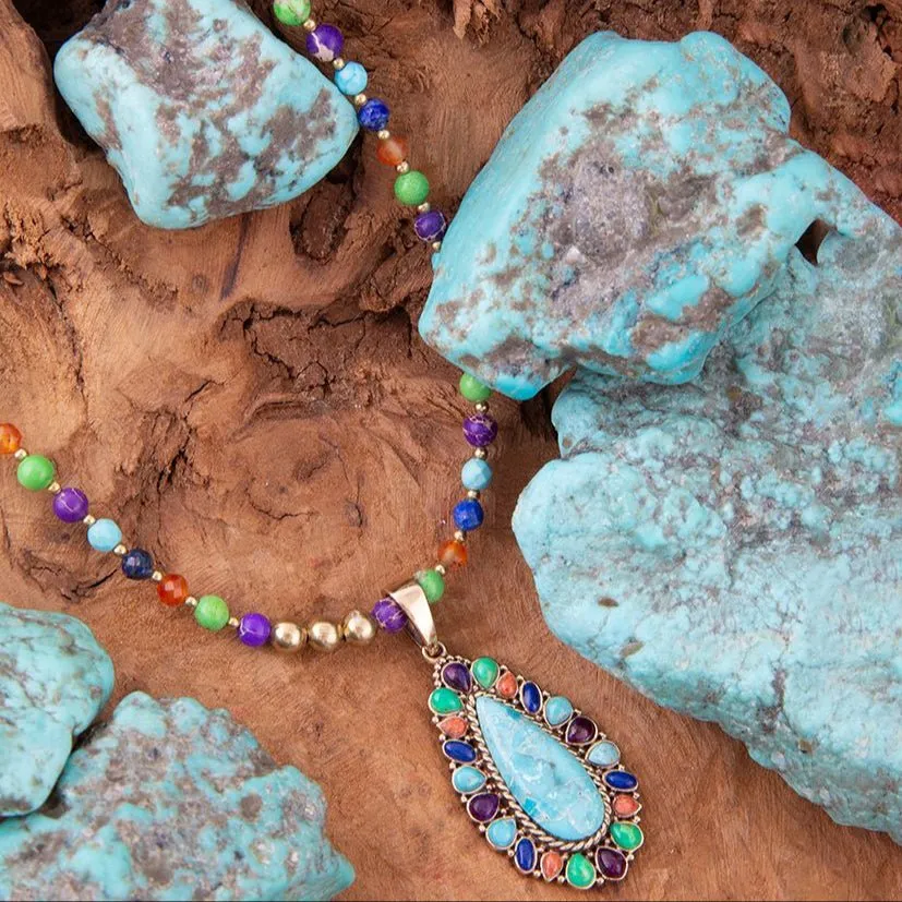 Concho Colorful Blue Turquoise Golden Pendant Necklace sold by Barse product image thumbnail 3