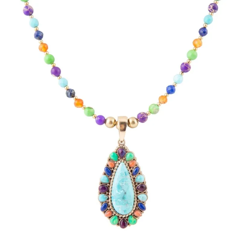 Concho Colorful Blue Turquoise Golden Pendant Necklace sold by Barse
