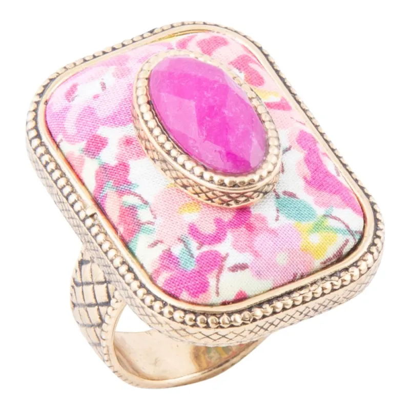 Pink Agate Stacked Stone Floral Golden Statement Ring sold by Barse