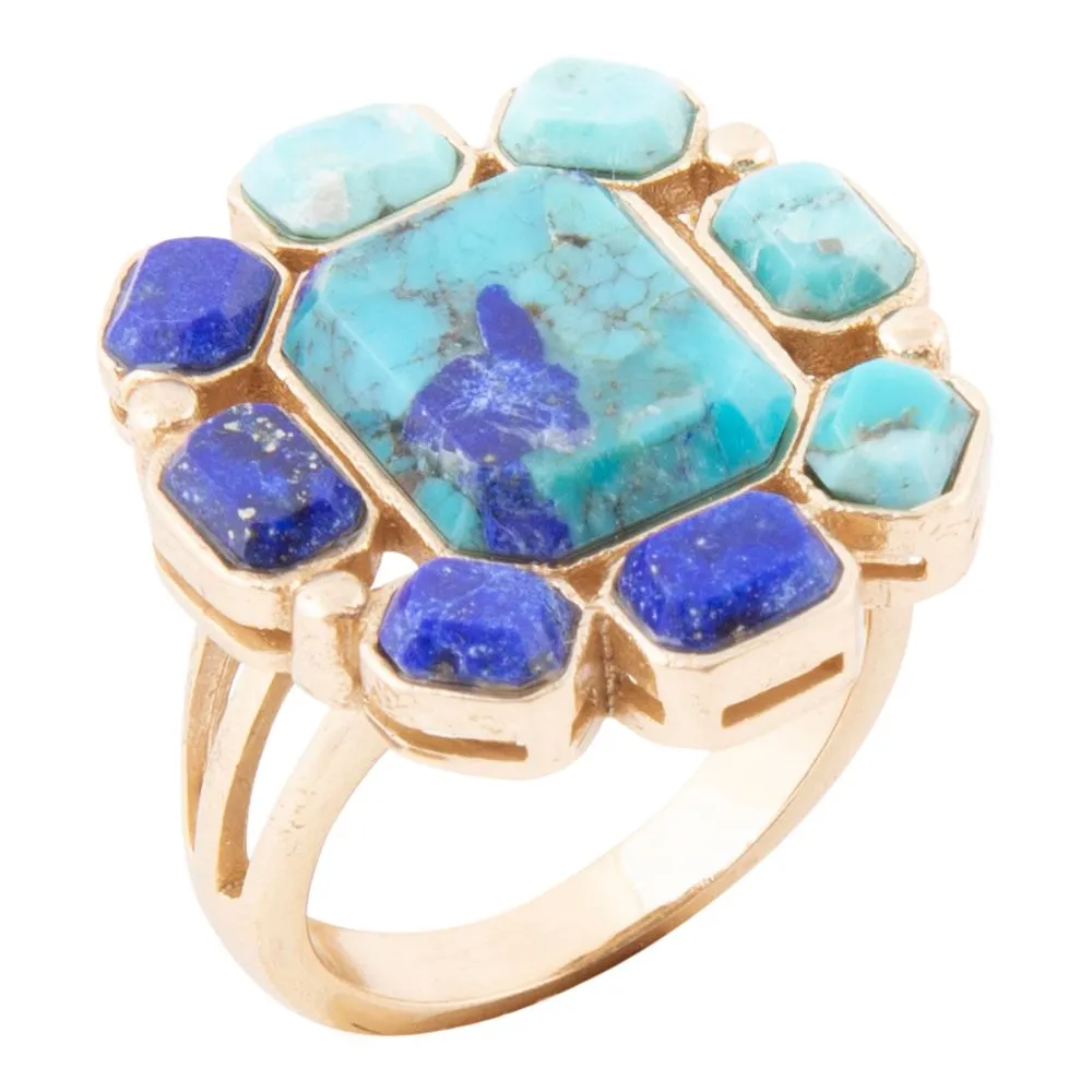 Duality Blue Lapis and Turquoise Golden Statement Ring sold by Barse