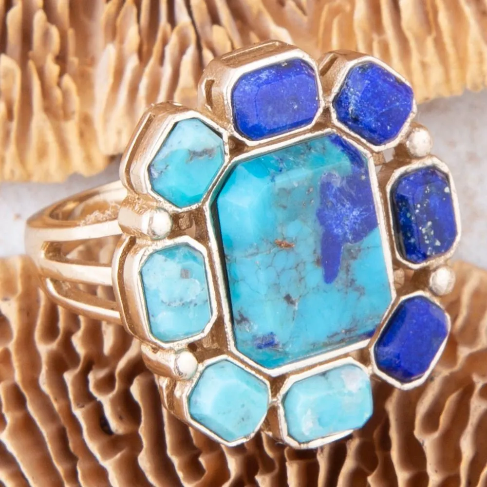 Duality Blue Lapis and Turquoise Golden Statement Ring sold by Barse product image thumbnail 3