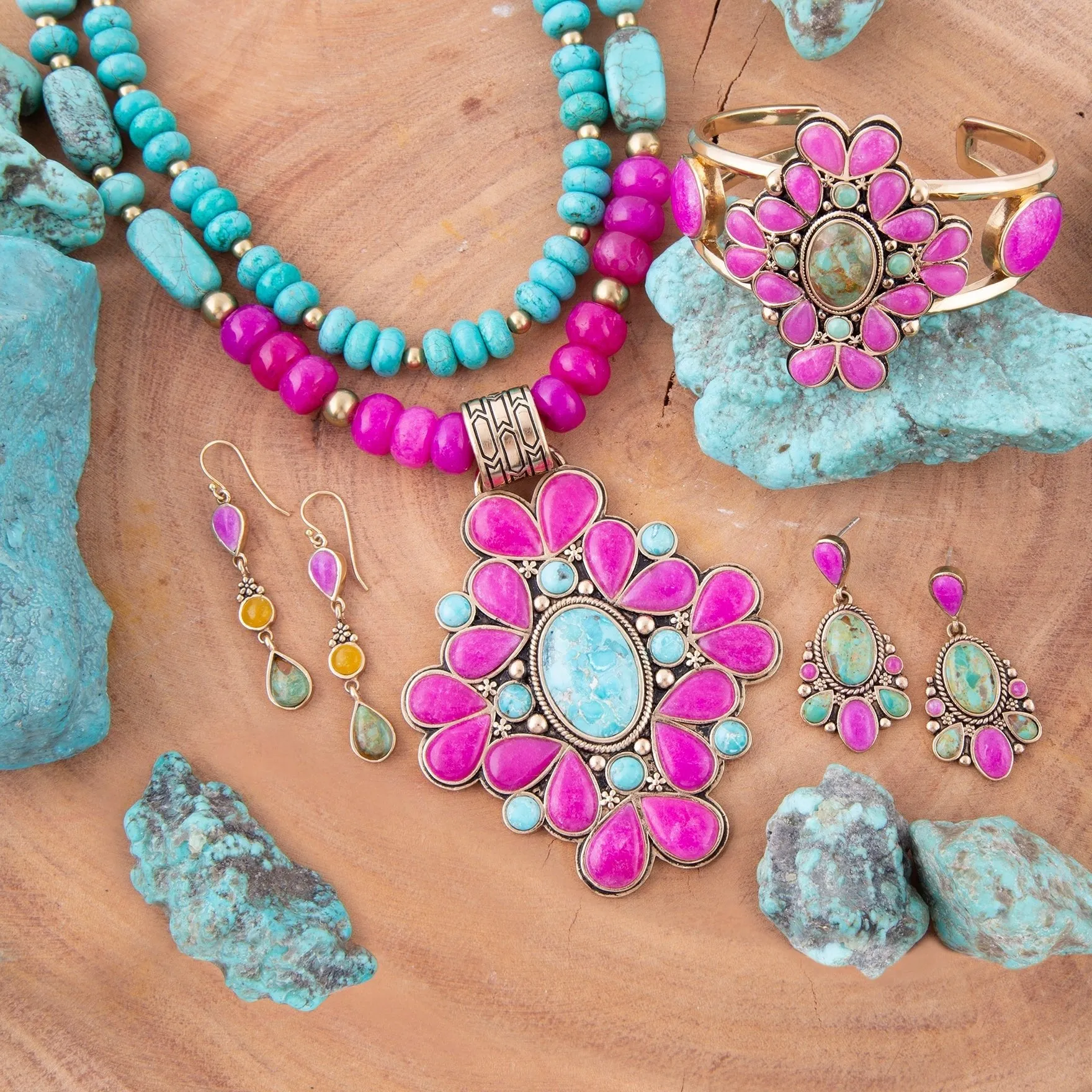 Barcelona Pink Agate and Blue Turquoise Statement Cuff Bracelet sold by Barse product image thumbnail 4