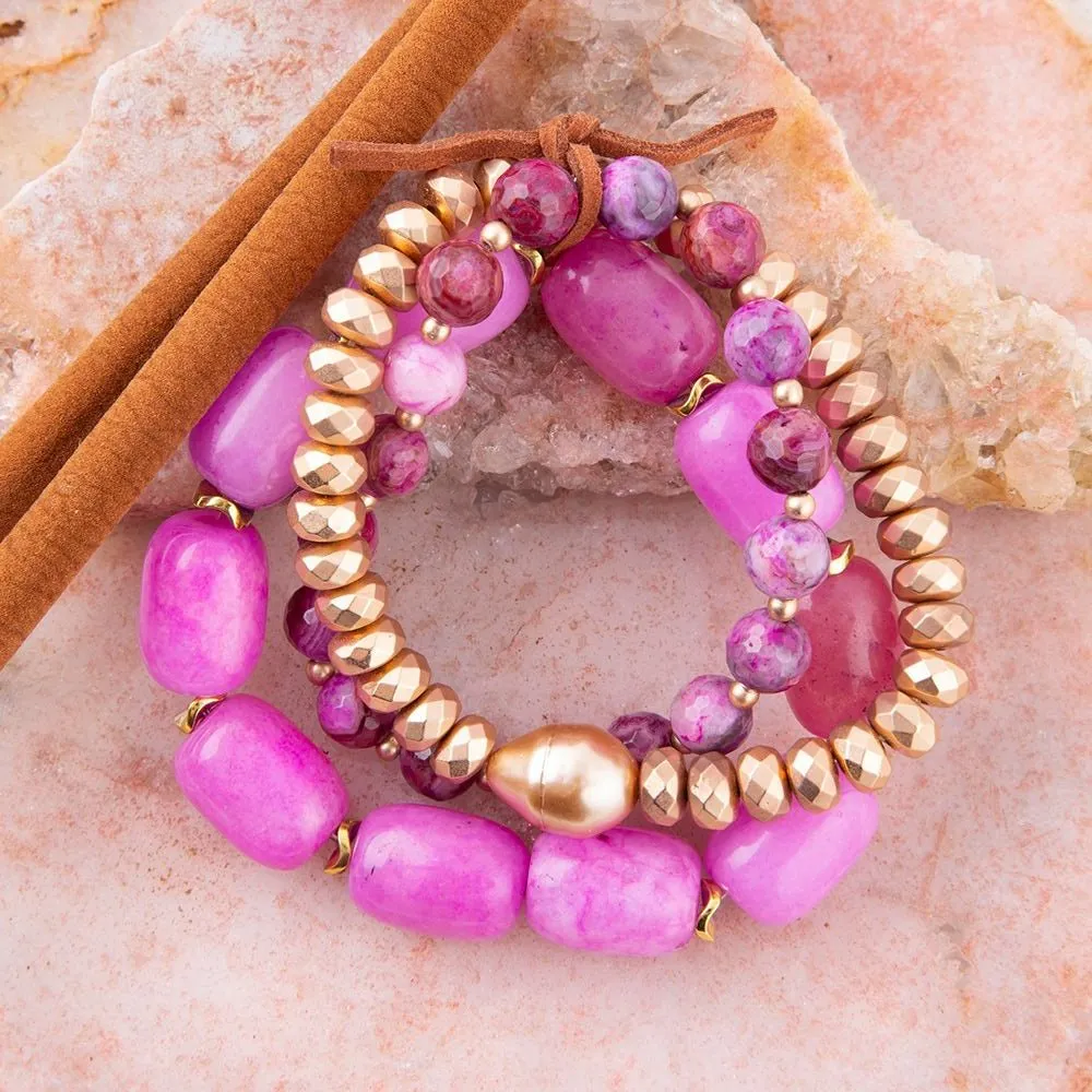 Peony Fuchsia Pink Jade Golden Stretch Bracelet Set sold by Barse product image thumbnail 2