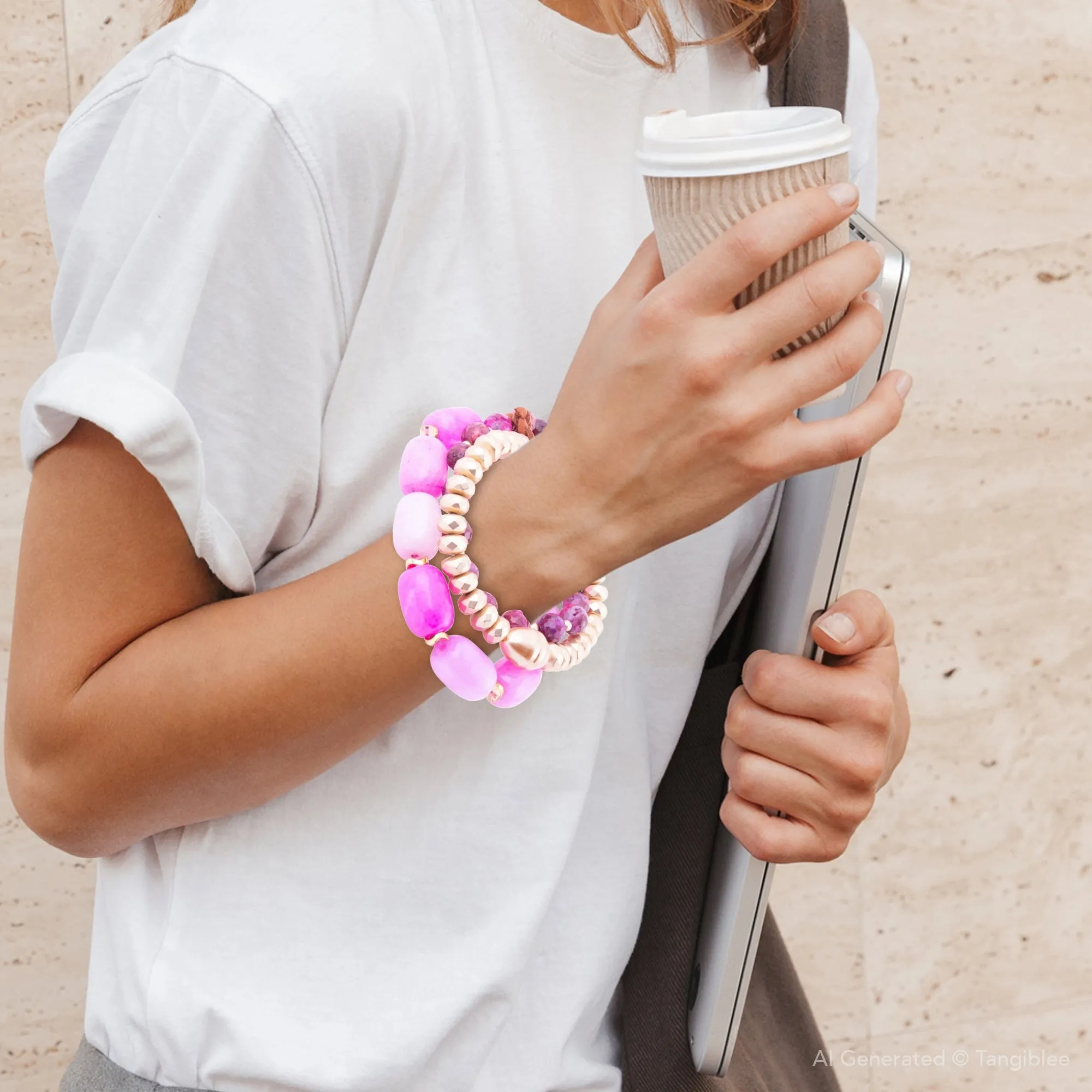 Peony Fuchsia Pink Jade Golden Stretch Bracelet Set sold by Barse product image thumbnail 4