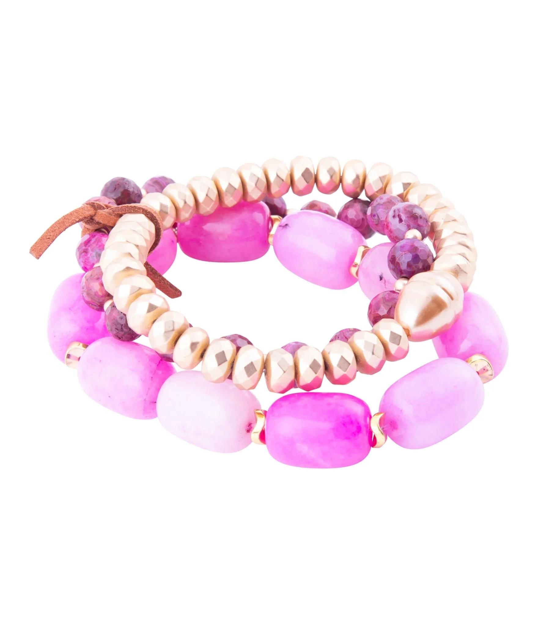 Peony Fuchsia Pink Jade Golden Stretch Bracelet Set sold by Barse