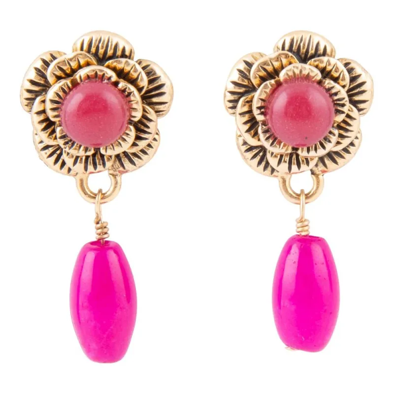 Blooming Pink Agate Post Golden Earrings sold by Barse