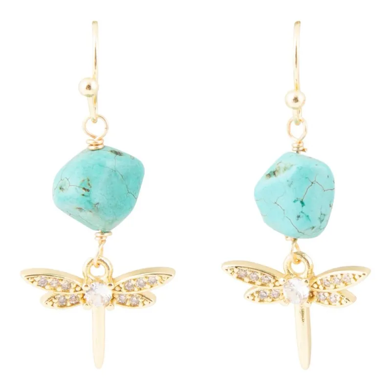 Dragonfly Blue Magnesite Golden Drop Earrings sold by Barse
