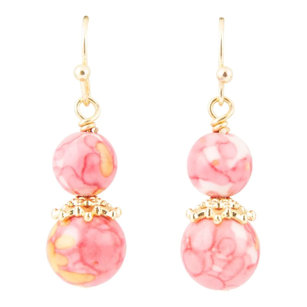 Mottled Pink Jade Golden Drop Earrings sold by Barse