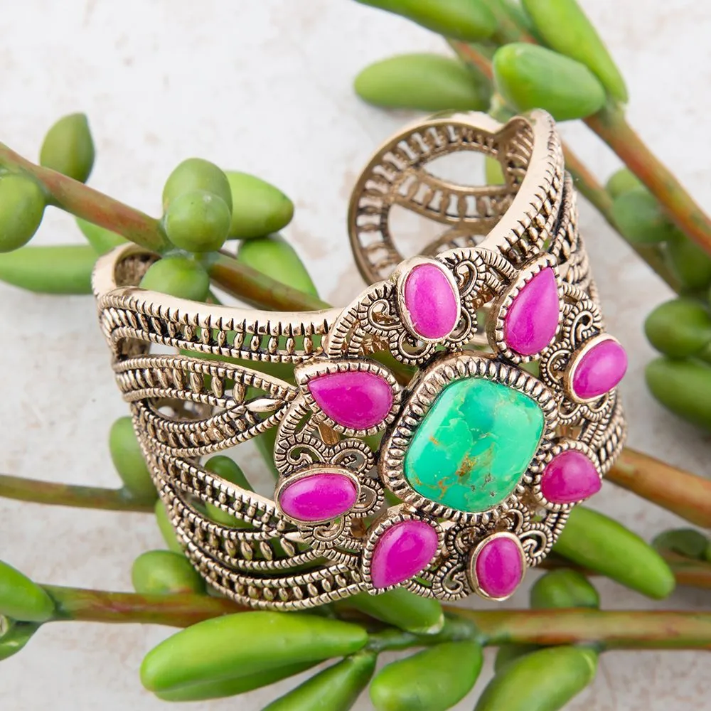 Madeira Lime and Pink Agate Statement Golden Cuff Bracelet sold by Barse product image thumbnail 3