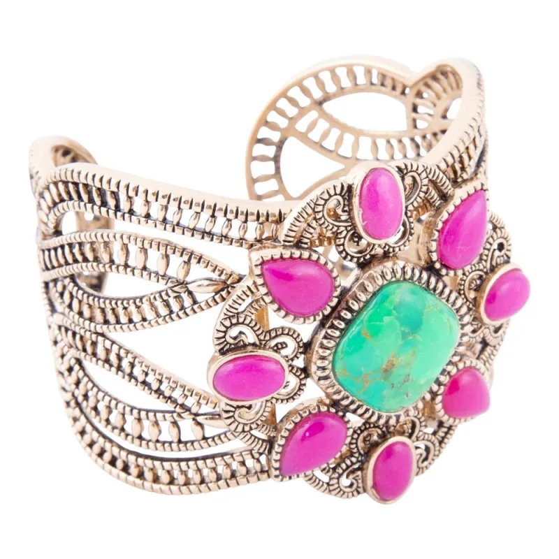 Madeira Lime and Pink Agate Statement Golden Cuff Bracelet sold by Barse