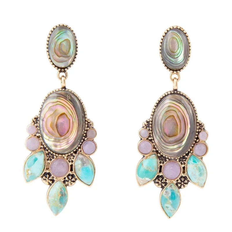 Regal Blue Abalone Mixed Stone Golden Statement Drop Earrings sold by Barse