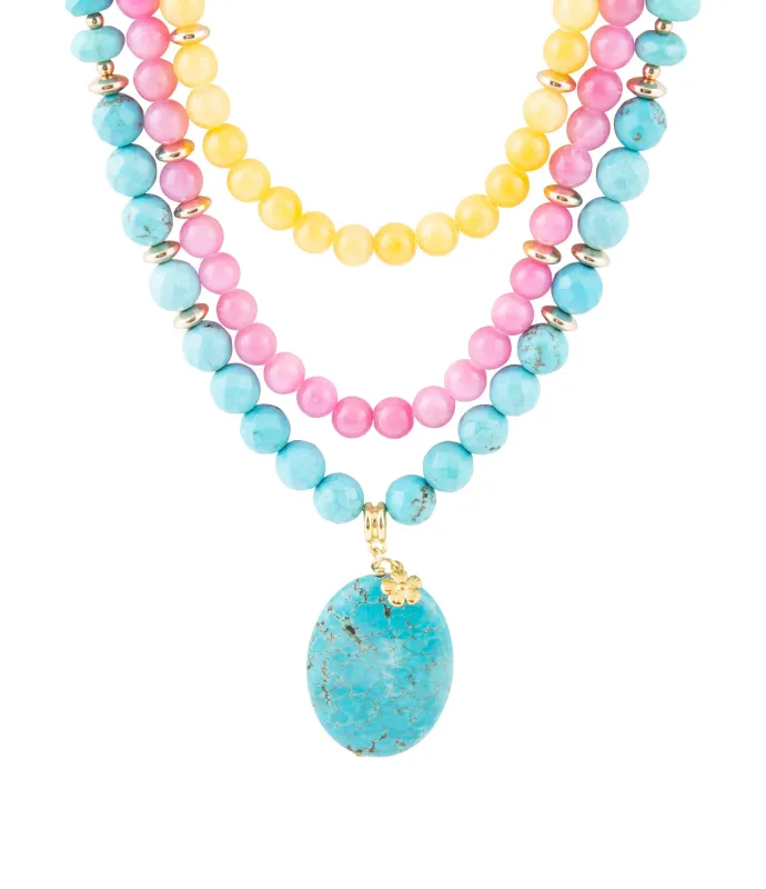 St. Augustine Pink Agate and Blue Turquoise Golden Pendant Necklace sold by Barse