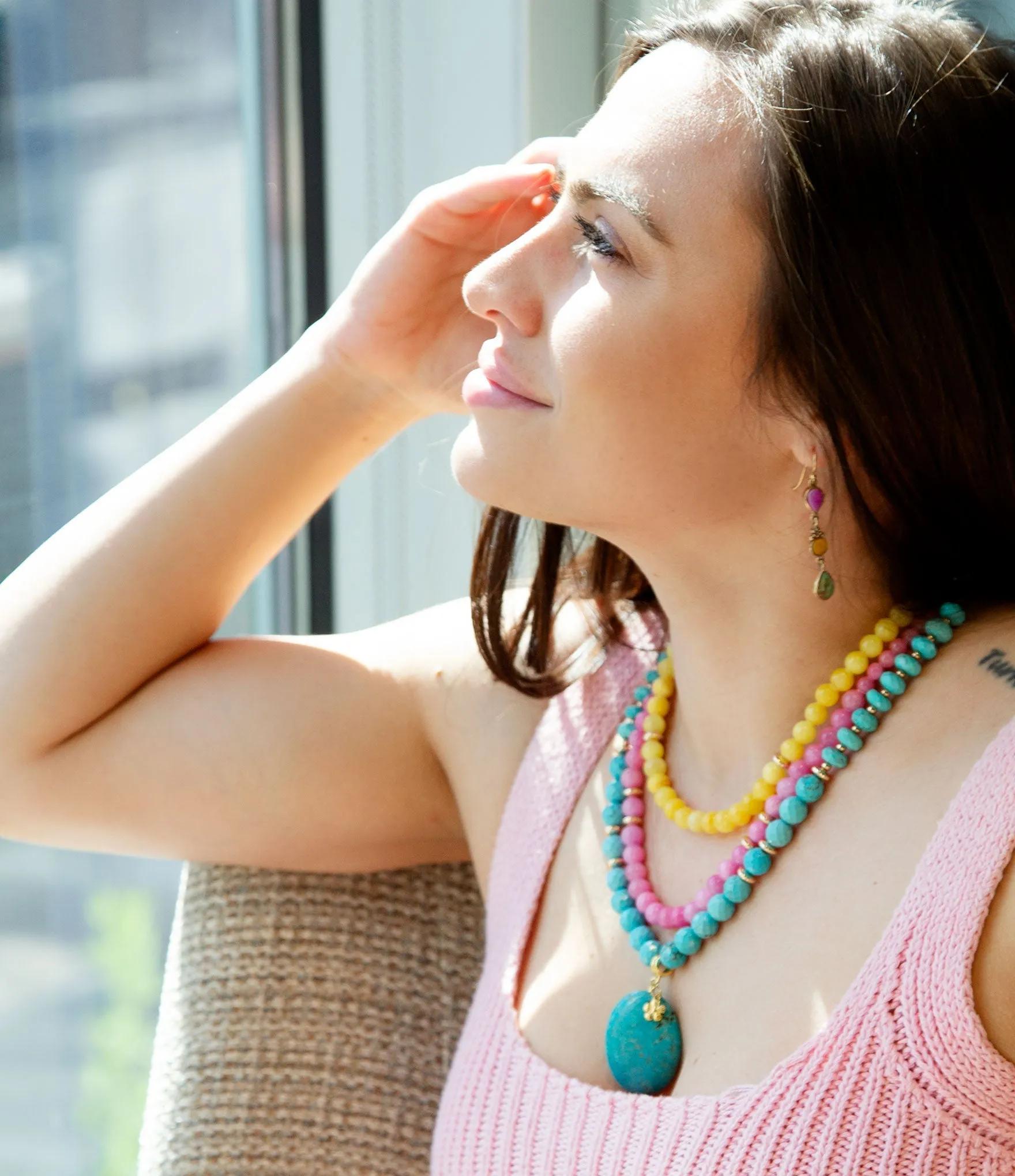 St. Augustine Pink Agate and Blue Turquoise Golden Pendant Necklace sold by Barse product image thumbnail 2