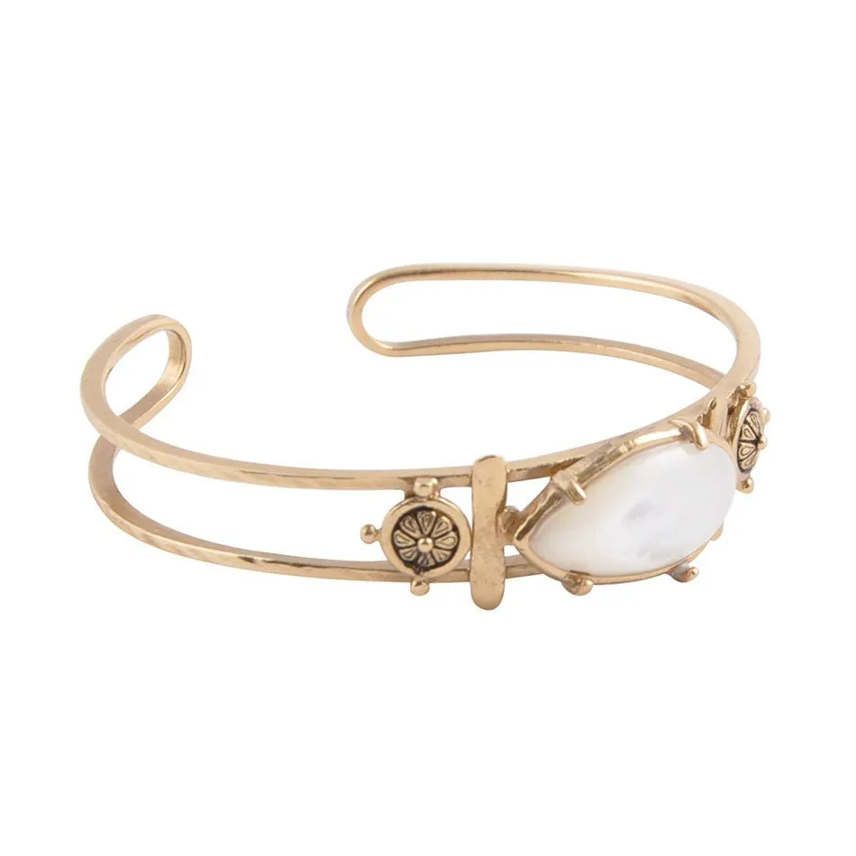 White Mother of Pearl Open Golden Cuff Bracelet sold by Barse