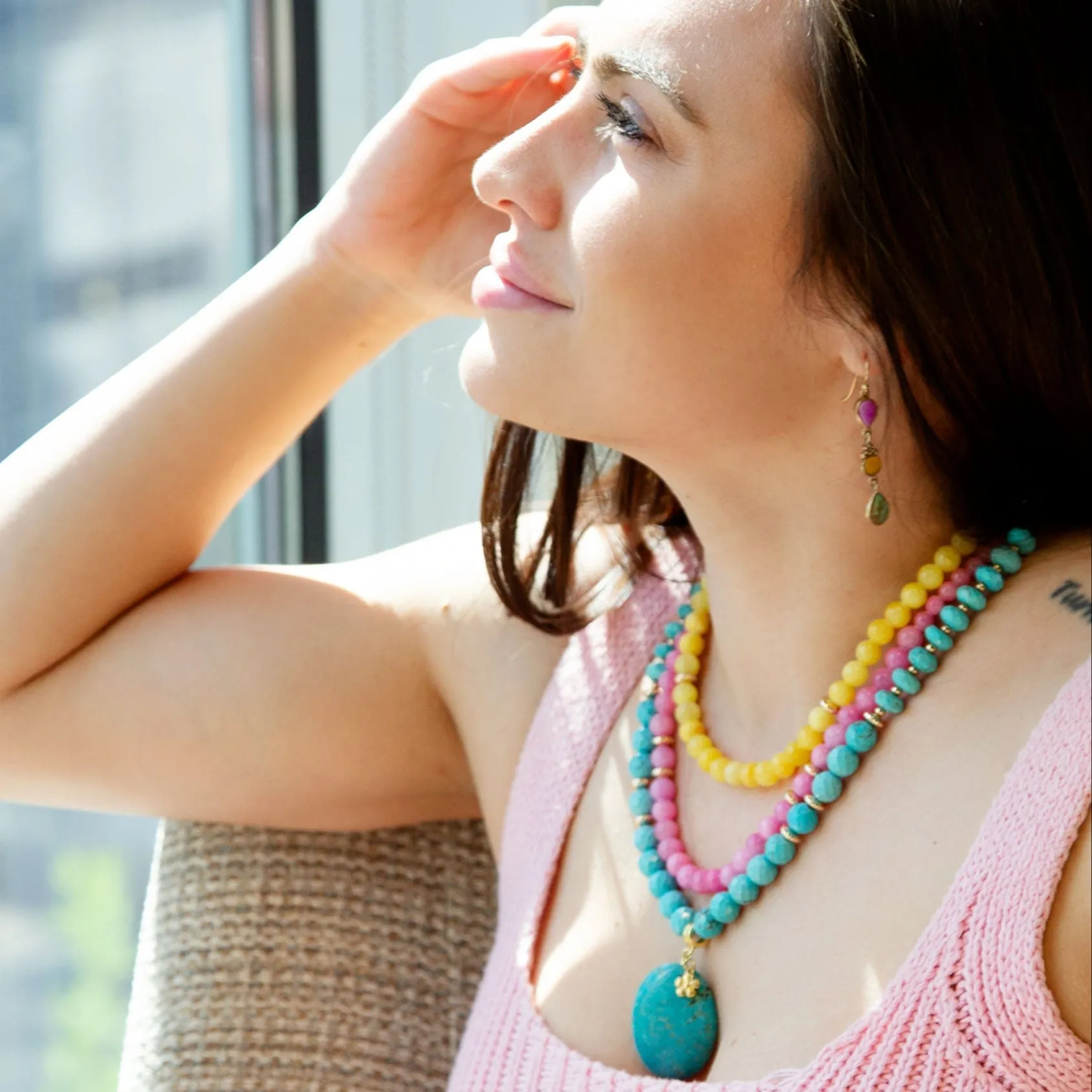 Barcelona Multistone Linear Golden Drop Earrings sold by Barse product image thumbnail 2