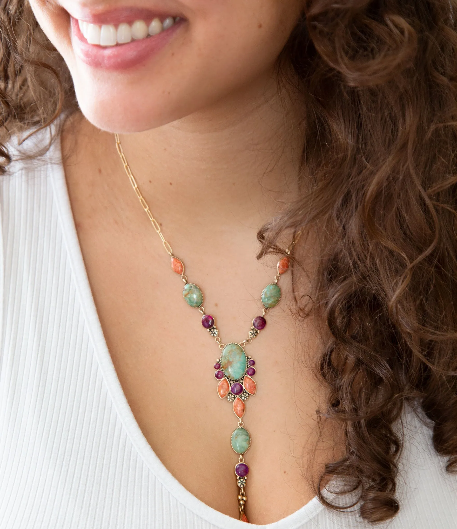 Regalia Blue Turquoise Purple and Orange Coral Golden Y Necklace sold by Barse product image thumbnail 2