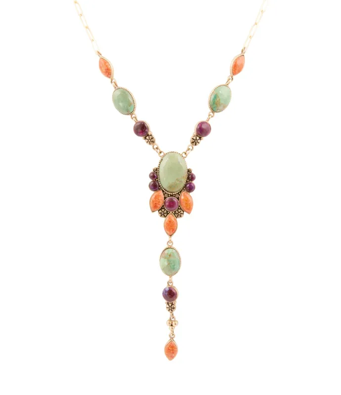 Regalia Blue Turquoise Purple and Orange Coral Golden Y Necklace sold by Barse